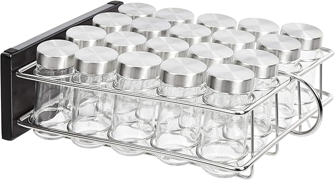 Amazon Basics 20 Jars Spice Rack Organizer, Space-Saving Kitchen Organizer with Glass Spice Jars, Sturdy, Silver