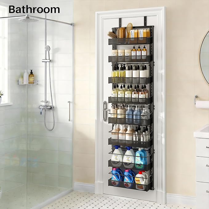 8 Tiers Over the Door Organizer - Height Adjustable Pantry Organizers and Storage with Dense Mesh Baskets, Anti-Swing Hanging Door Spice Rack for Kitchen Bathroom (Black, 12.3"W x 4.7"D x 69"H)