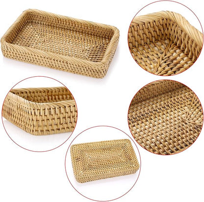Sumnacon 10 Inch Rattan Bathroom Vanity Tray - Decorative Wicker Toilet Tank Tray for Paper Hand Towel, Vintage Storage Basket Bin for Bathroom Kitchen Toilet Tank Vanity Countertop Table Shelf
