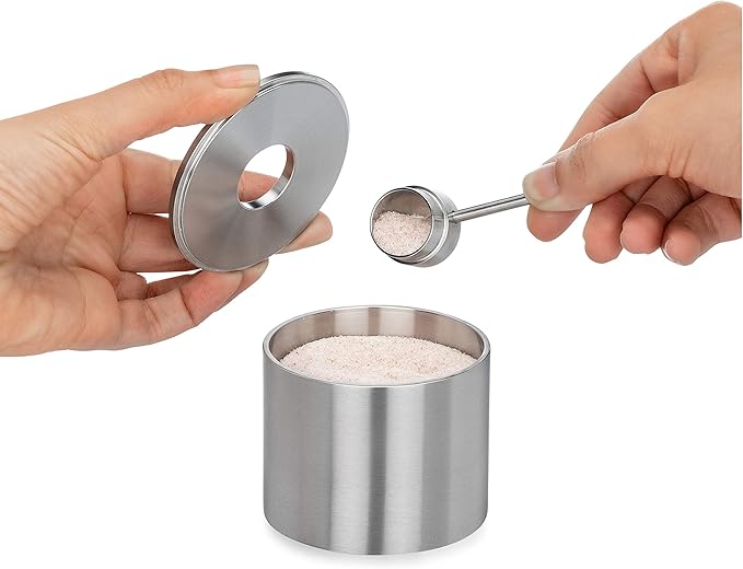 Grind Gourmet Salt Cellar, Spice Jars Stainless Steel, Storage Spice Jars Silver Cellar With Spoon Solid Stainless Steel Holder (Large, Silver)