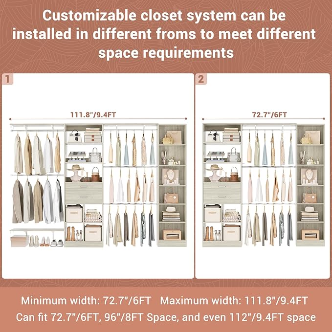Besiost Closet System - 9.4FT/112" Closet Organizer System with Wooden Drawers,Closet Systems for Walk-In Closets with Hang Rods and Open Cabinet, Greige Oak