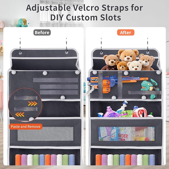 5-Tier Over the Door Storage Organizer with 5 Side Mesh Pockets, 40lbs Load Capacity with 2 Hooks, Behind Door Hanging Organizer for Closet Bathroom Bedroom Nursery - Grey