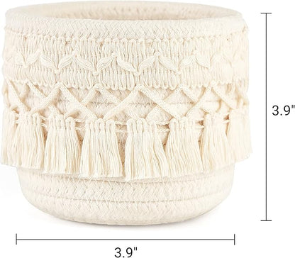 Mkono Macrame Makeup Brush Holder Organizer Comb Brushes Mini Storage Basket Set of 2 Boho Decor Baskets for Pen Pencil Box Container, X-Small, Ivory