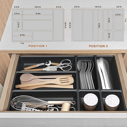 JEHONN Silverware Organizer, Utensil Drawer Tray for Kitchen Flatware Cutlery, Large Adjustable Plastic Storage Divider with 7 Compartment for Spoons Forks Knives (Black)