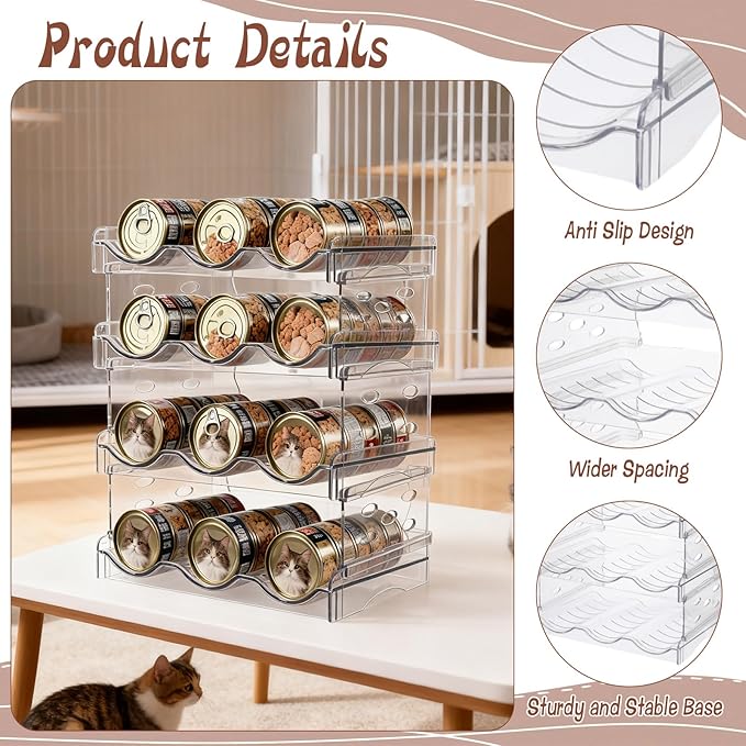 Cat Food Can Organizer, 4 Tier Can Organizer for Pantry, Transparent Acrylic Cat Food Storage Container Holds 72 (3.5oz) Cans, Can Rack Organizer for Countertop Kitchen Cabinet