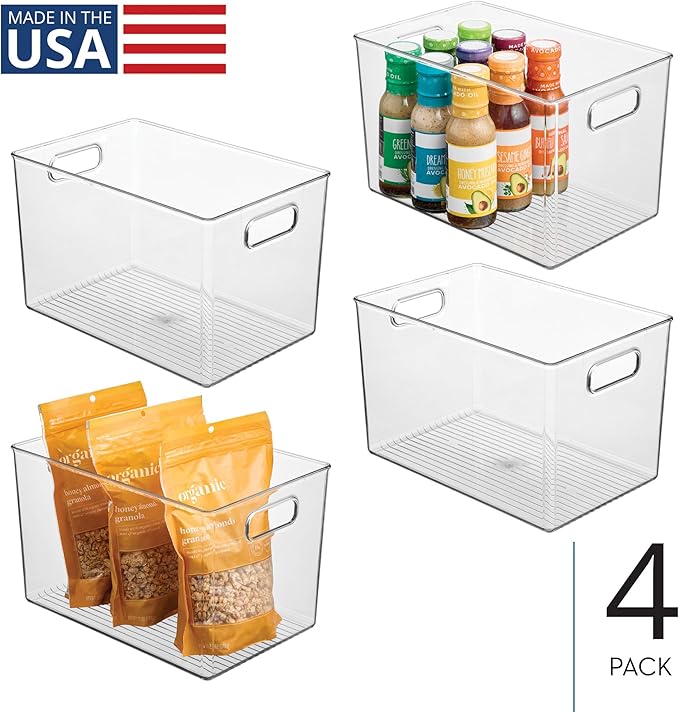 iDesign Storage Bins with Handles - Organizer Bins for Kitchen, Pantry, Bathroom, or Home Office - Set of 4 - Clear