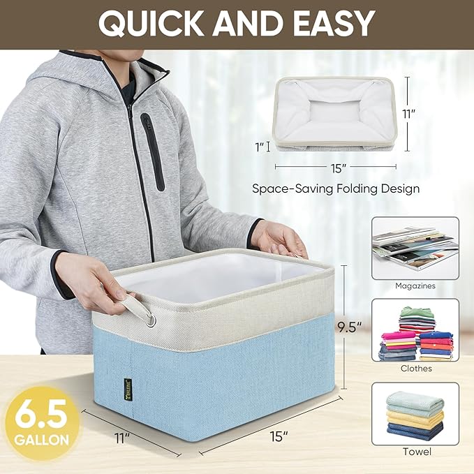 BALEINE 3 Pack Fabric Closet Storage Bins for Shelves, Linen Closet Organizers and Storage, Decorative Baskets for Organizing, Shelf, Clothes, Home, Office (Skyblue, 15''x11''x9.5'')