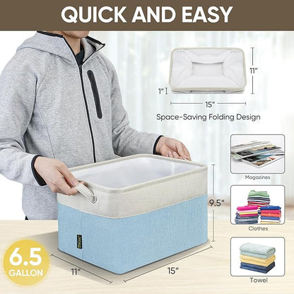 BALEINE 3 Pack Fabric Closet Storage Bins for Shelves, Linen Closet Organizers and Storage, Decorative Baskets for Organizing, Shelf, Clothes, Home, Office (Skyblue, 15''x11''x9.5'')