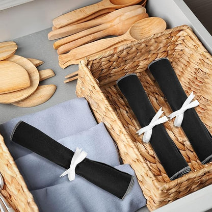 Hillban 6 Pcs Anti Tarnish Silver Storage Bags Silver Storage Cloth Felt Flatware Organizer Anti Tarnish Protector Bags Place Setting Roll with White Ribbon for Kitchen Cutlery (12 Slots,Black)