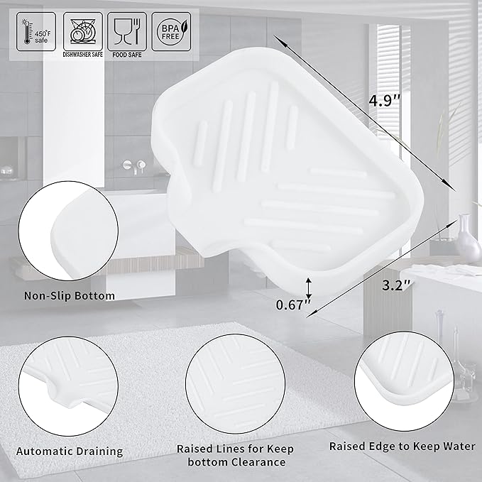 MicoYang Silicone Bathroom Soap Dishes with Drain Spout-Bathroom and Kitchen Sink Organizer,Sponge Holder,Dish Soap Tray,Perfect for Dispenser,Scrubber,Bottle,Cup on Sink or Counter-White 4.9"×3.2"