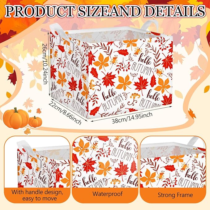 Geelin 3 Pcs Thanksgiving Storage Baskets for Gifts, Collapsible Waterproof Canvas Harvest Autumn Maple Leaf Storage Bin Organizer with Handles for Book Closet Shelf Nursery Autumn Home Decor