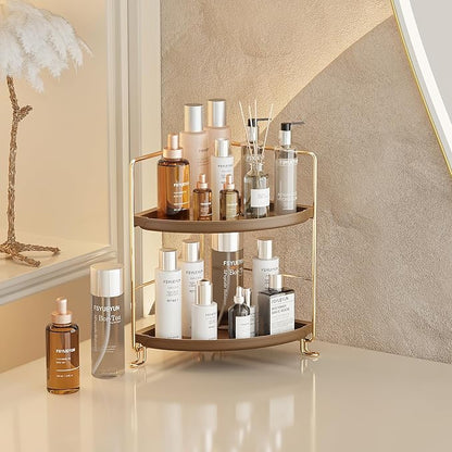FSyueyun 2-Tier Corner Bathroom Counter Organizer, Tool-Less Installation Corner Vanity Organizer Small Plastics Countertop Makeup Tray Skincare Perfume Organizers (Gold & Brown)