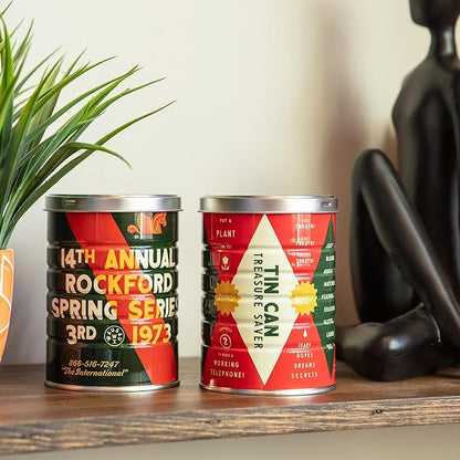 Retro Tin Can, Studio MPLS Designs, Collectable, Peel & Stick Valved End with Metal Lid, 8-12oz (4.0625 x 5.5 in) (Treasure Saver Design)