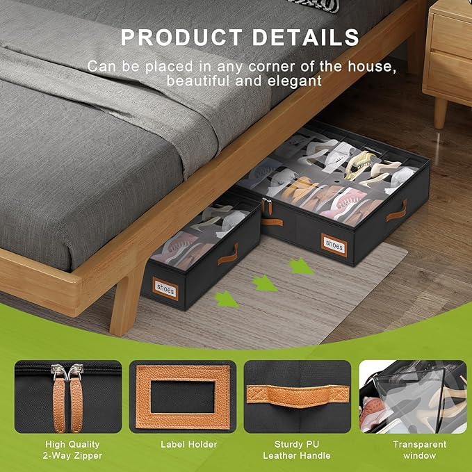homyfort Shoe Organizer Under Bed, Fits 32 Pairs, Under bed Shoe Storage Boxes with Study Handles and Clear Cover, zapateras organizer for shoes, set of 2