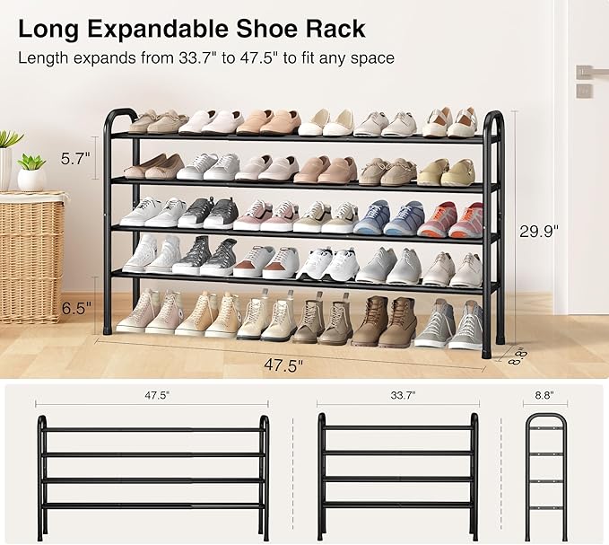 STO STO Long Expandable Shoe Rack 4-Tier, Adjustable Length 33.7”–47.5” Shoe Organizer, Metal Shoes Storage Shelf, Holds Up to 30 Pairs, Non-Slip Feet, for Closet, Entryway, Hallway, Front Door, Black