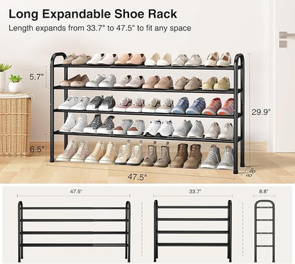 STO STO Long Expandable Shoe Rack 4-Tier, Adjustable Length 33.7”–47.5” Shoe Organizer, Metal Shoes Storage Shelf, Holds Up to 30 Pairs, Non-Slip Feet, for Closet, Entryway, Hallway, Front Door, Black
