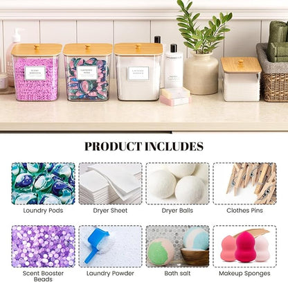 4+1 Pack Laundry Room Organization Containers,Clear Laundry Pods Container,Large Laundry Detergent Powder Storage Containers with Wooden Lids & Labels,Laundry Pods Holder for Scent Booster,Powder,Pods