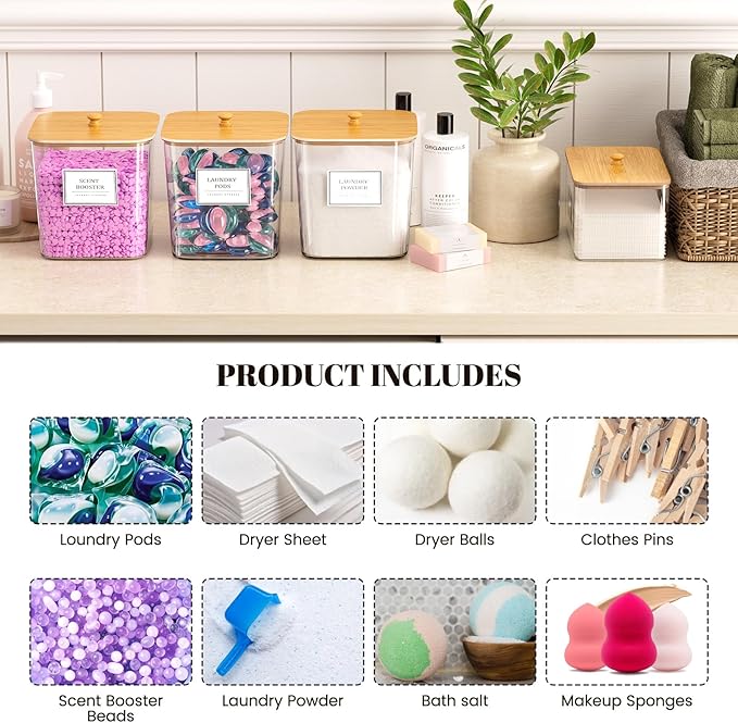 2+1 Pack Laundry Pods Container,Clear Laundry Detergent Powder Storage Containers,Laundry Room Organization Containers with Wooden Lids & Labels,Laundry Pods Holder for Scent Booster,Dryer Ball
