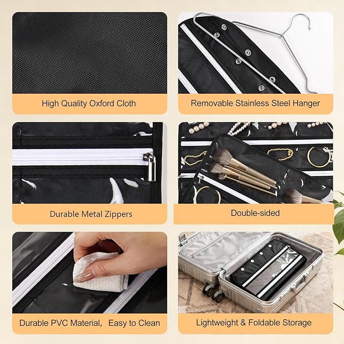 Hanging Jewelry Organizer Storage Roll 56 Zippered Pockets with Detachable Hanger Double-Sided Foldable, Travel Jewelry Holder for Earrings, Rings, Bracelets, Hanging on Closet, Wall, Door, Black