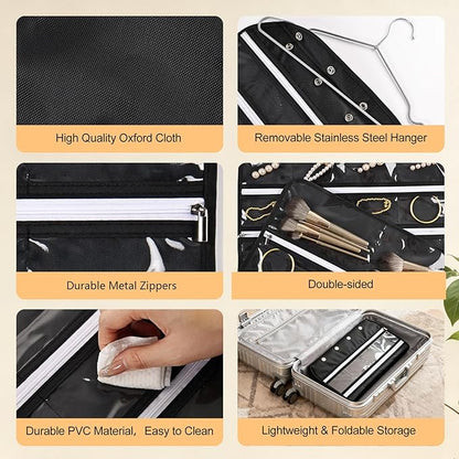 Hanging Jewelry Organizer Storage Roll 56 Zippered Pockets with Detachable Hanger Double-Sided Foldable, Travel Jewelry Holder for Earrings, Rings, Bracelets, Hanging on Closet, Wall, Door, Black