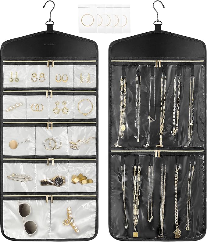 CHICECO Travel Jewelry Holder Organizer,Hanging Jewelry Organizer Storage With Zippered Pockets for Cloest,Wall,Door,Jewelry Holder for Earrings, Necklaces（Beige Black）