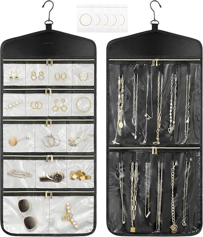 CHICECO Travel Jewelry Holder Organizer,Hanging Jewelry Organizer Storage With Zippered Pockets for Cloest,Wall,Door,Jewelry Holder for Earrings, Necklaces（Beige Black）