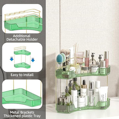 2 Tier Corner Bathroom Organizer Countertop, Vanity Makeup Organizer with Brush Holder, Space-Saving Skincare Storage Corner Shelf for Bathroom, Dressing Table, Kitchen