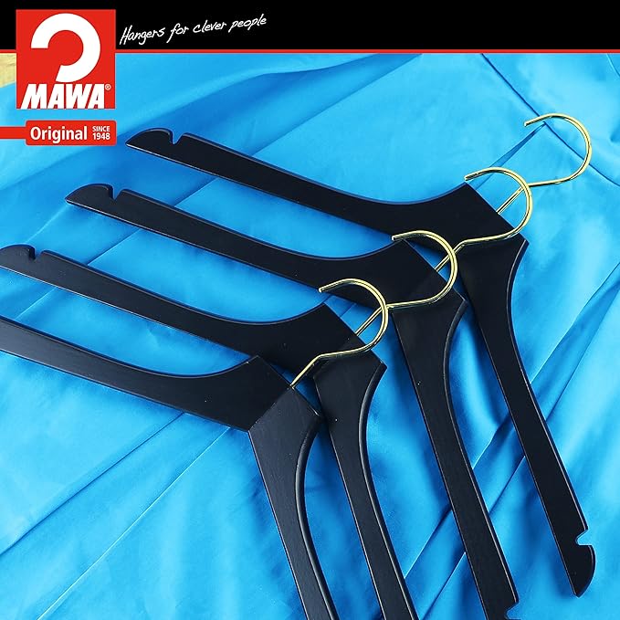 MAWA by Reston Lloyd, European Wooden Hanger, Beech Wood Straight Hanger with Shoulder Notches, Rotating Gold Hook, Black Finish, for Shirts, Blazers, Dress Clothes, Set of 5 (27115)
