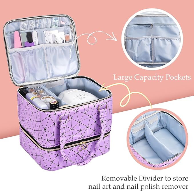 Uross Nail Polish Organizer Bag Holds 42 Bottles Nail Polish & Nail Lamp, Gel Nail Polish Organizers and Storage box for Nail Tech, Nail Kit Supplies Organizer Case - Purple
