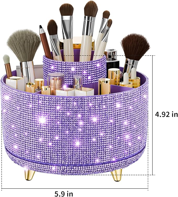 fanado Bling Diamond Makeup Brush Holder, 360° Rotating Makeup Organizer, 5 Slot Make up Brushes Cup for Countertop, Storage for Cosmetics Pen Eyeliner Skincare on the Vanity (Diamond Purple)