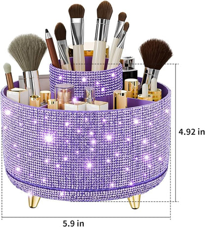 fanado Bling Diamond Makeup Brush Holder, 360° Rotating Makeup Organizer, 5 Slot Make up Brushes Cup for Countertop, Storage for Cosmetics Pen Eyeliner Skincare on the Vanity (Diamond Purple)