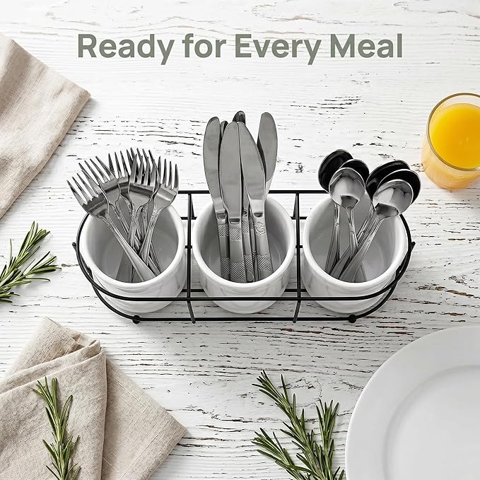 Bekith 3-Piece Ceramic Silverware Caddy with Metal Rack, Utensil Holder Flatware Caddy Cutlery Storage Organizer for Kitchen Table, Cabinet or Pantry