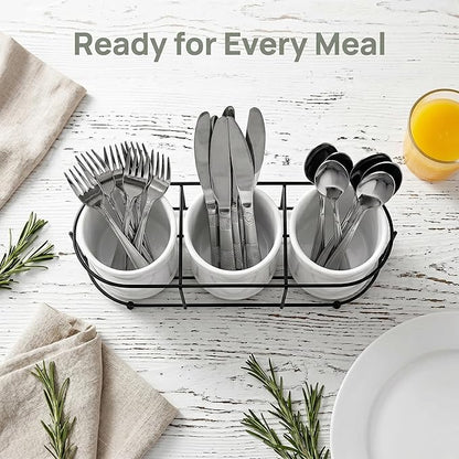 Bekith 3-Piece Ceramic Silverware Caddy with Metal Rack, Utensil Holder Flatware Caddy Cutlery Storage Organizer for Kitchen Table, Cabinet or Pantry