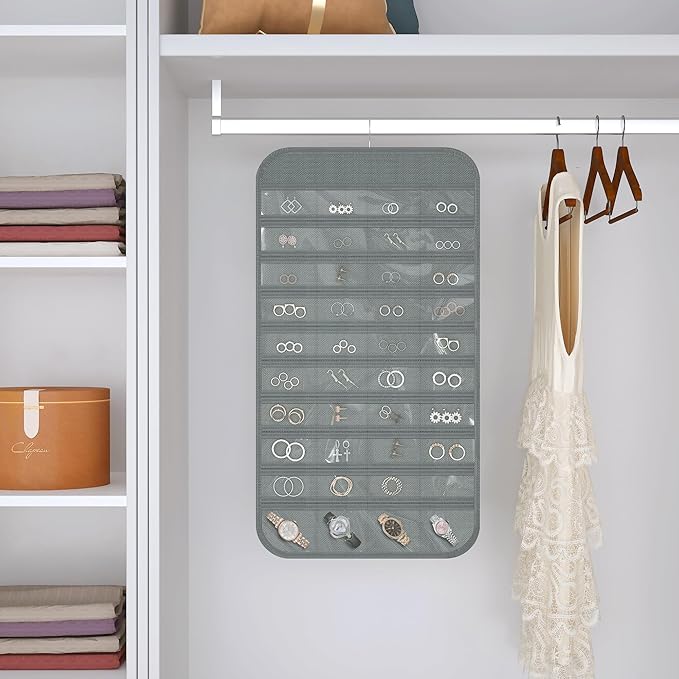 2-Pack Hanging Jewelry Organizer Storage, 40 Pockets 36 Hooks Necklace Earring Necklace Bracelet Ring Organizer, Double - Sided Design, Grey