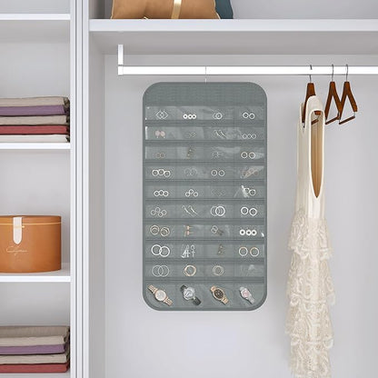 2-Pack Hanging Jewelry Organizer Storage, 40 Pockets 36 Hooks Necklace Earring Necklace Bracelet Ring Organizer, Double - Sided Design, Grey
