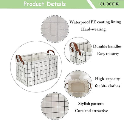 CLOCOR Rectangular Storage Basket, Collapsible Cute Pattern Storage Bin, Waterproof Coating Storage Box with Handles for Home Organization, Gift Basket (3 pack White checks)