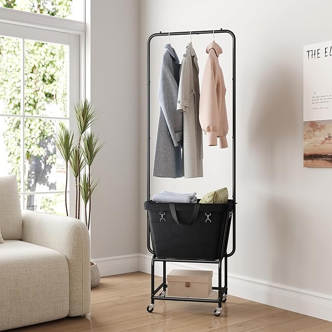 ELYKEN Laundry Cart with Hanging Rack, Rolling Laundry Hamper with Wheels, Laundry Basket with Removable Liner Bag and Shelf, Sturdy Metal Frame Dirty Clothes Basket for Hotel, Home, Closet, Dorm