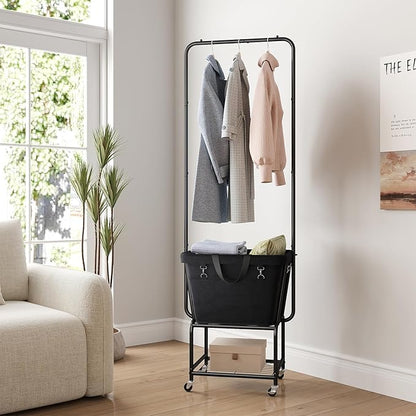 ELYKEN Laundry Cart with Hanging Rack, Rolling Laundry Hamper with Wheels, Laundry Basket with Removable Liner Bag and Shelf, Sturdy Metal Frame Dirty Clothes Basket for Hotel, Home, Closet, Dorm
