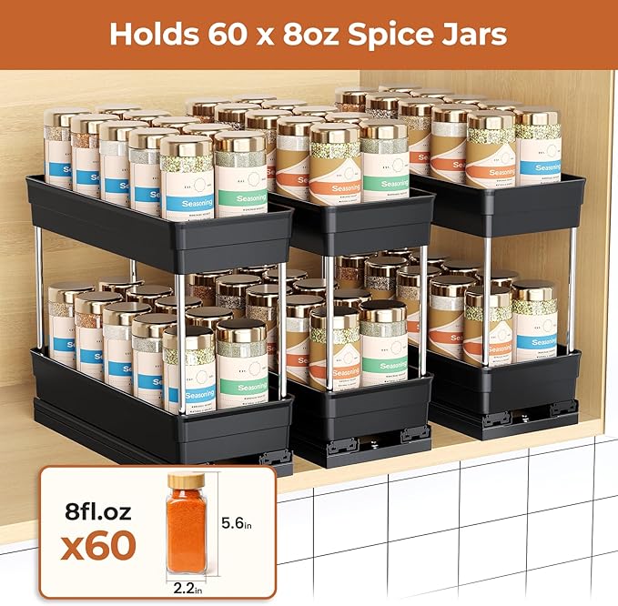 Mystozer Pull Out Spice Rack Organizer for Cabinet, Slide Out Spice Racks Organizer, Easy to Install Spice Cabinet Organizers, 4.33''Wx10.62''Dx8.66''H, 3 Packs -2 Tiers (Black)