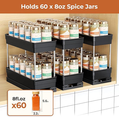 Mystozer Pull Out Spice Rack Organizer for Cabinet, Slide Out Spice Racks Organizer, Easy to Install Spice Cabinet Organizers, 4.33''Wx10.62''Dx8.66''H, 3 Packs -2 Tiers (Black)