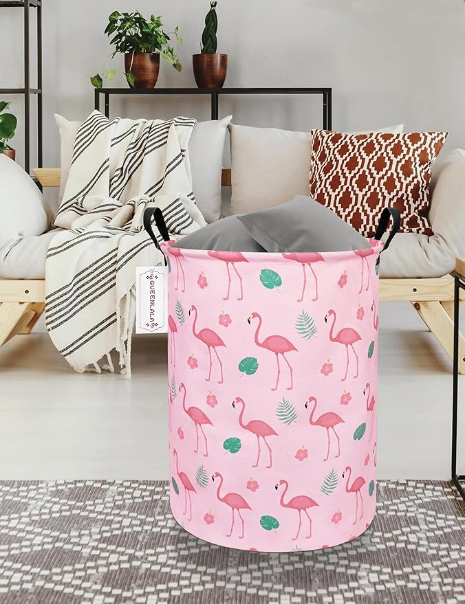 QUEENLALA Large Storage Basket,Laundry Hamper/Bathroom/Home Decor/Collapsible Round Storage Bin,Boys and Girls Hamper/Boxes/Clothing(Round-Pink Flamingo)