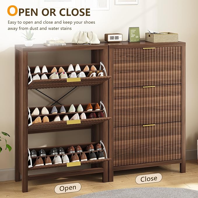 YOMILUVE Shoe Cabinet Storage for Entryway, Fluted Shoe Cabinet with 3 Flip Drawers, Hidden Shoe Rack Tall Freestanding Shoe Organizer with Legs for Hallway, Walnut
