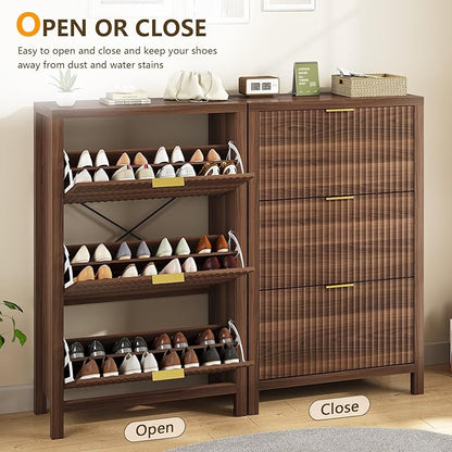 YOMILUVE Shoe Cabinet Storage for Entryway, Fluted Shoe Cabinet with 3 Flip Drawers, Hidden Shoe Rack Tall Freestanding Shoe Organizer with Legs for Hallway, Walnut