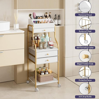 SWTYMIKI Rolling Makeup Organizer Cart - Floor Skincare Storage with Non-woven Drawers, Vanity Organizer Cosmetic Display Cases with Wheels, Cabinet for Skin Care Perfume Nail Polish Brush Hair Tool