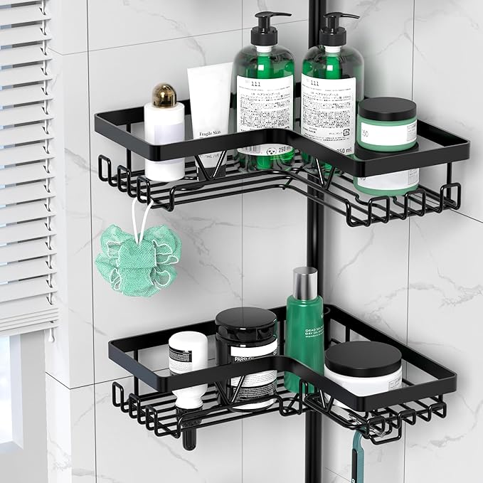 DAOYA Shower Caddy Tension Pole Corner with 4 Removable Baskets & 2 Towel Bar - Expandable Shower Caddy Corner Adjustable 25-114.2 Inches Upgraded Bath Organizer for Tub(Stainless Steel, Black)