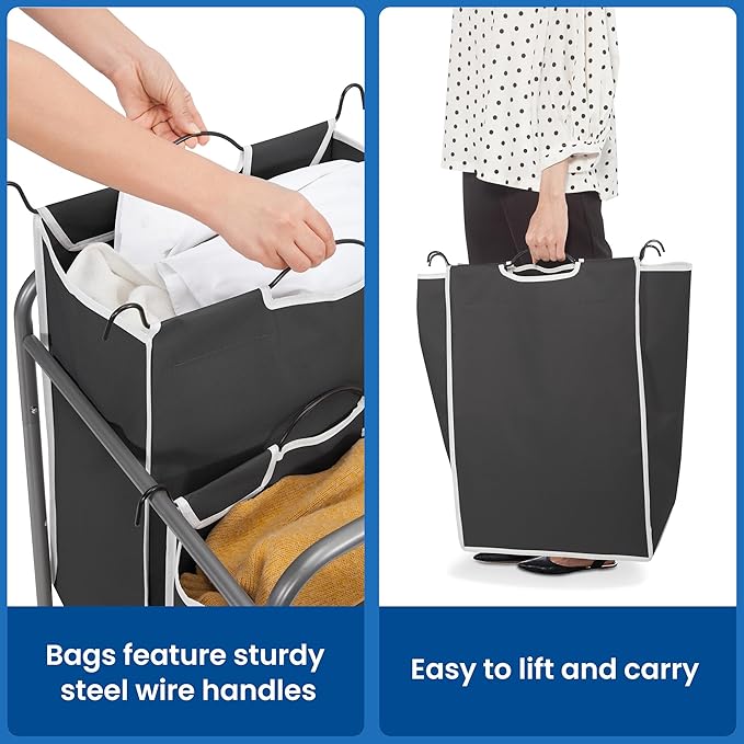 STORAGE MANIAC Laundry Sorter 2 Section, 90 L Gal Laundry Hamper with Wheels, Clothes Basket Separator Sorter, 2 Bag Clothes Cart with Wheels and Removable Bags for Closet, Dorm, Collage, Black