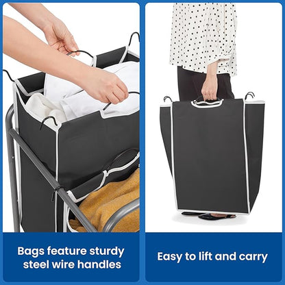STORAGE MANIAC Laundry Sorter 2 Section, 90 L Gal Laundry Hamper with Wheels, Clothes Basket Separator Sorter, 2 Bag Clothes Cart with Wheels and Removable Bags for Closet, Dorm, Collage, Black