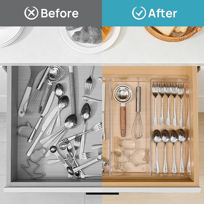 Vtopmart 4 Pack 15" X 6" Kitchen Drawer Organizers, Clear Plastic Drawer Organizer Tray, Storage Bins for Flatware, Silverware, Utensil, Cutlery