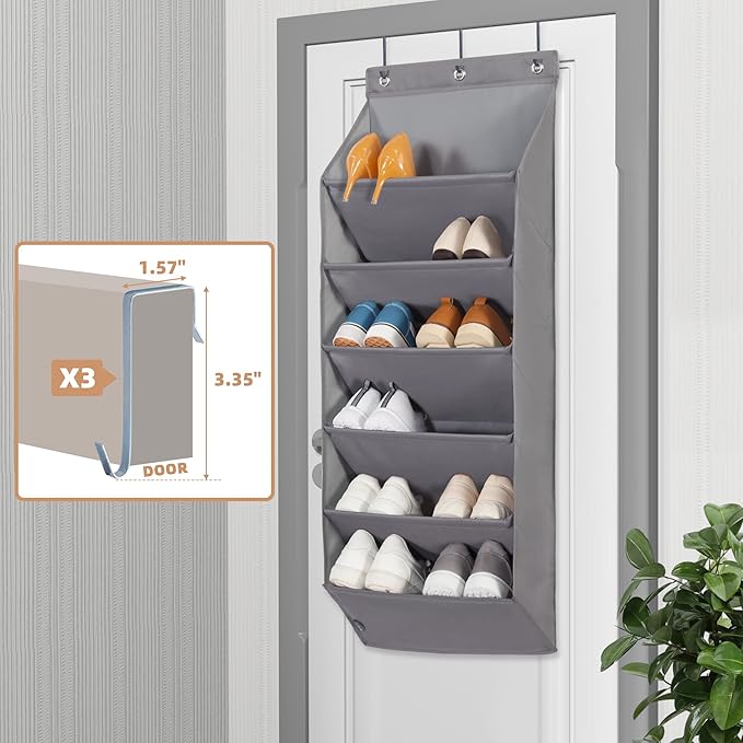 STORAGE MANIAC 2 Pack Over Door Shoe Organizers 6-Tier Large Pockets Hanging Organizers Shoes Rack Doors Closet Shoe Organizer Wall, Dorm & Narrow Doors Storage Shoe Holder Over Door Organizer Grey