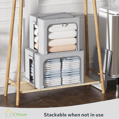 CYhom Clothes Storage Bins Box - Linen Fabric Foldable Stackable Container Organizer Set with Clear Window & Carry Handles & Metal Frame (Light Grey, Medium-36L)